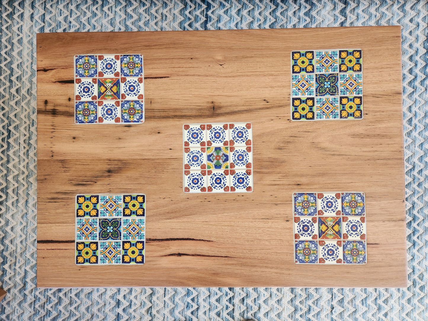 Handcrafted Recycled Hardwood Coffee Table with Inset Tiles