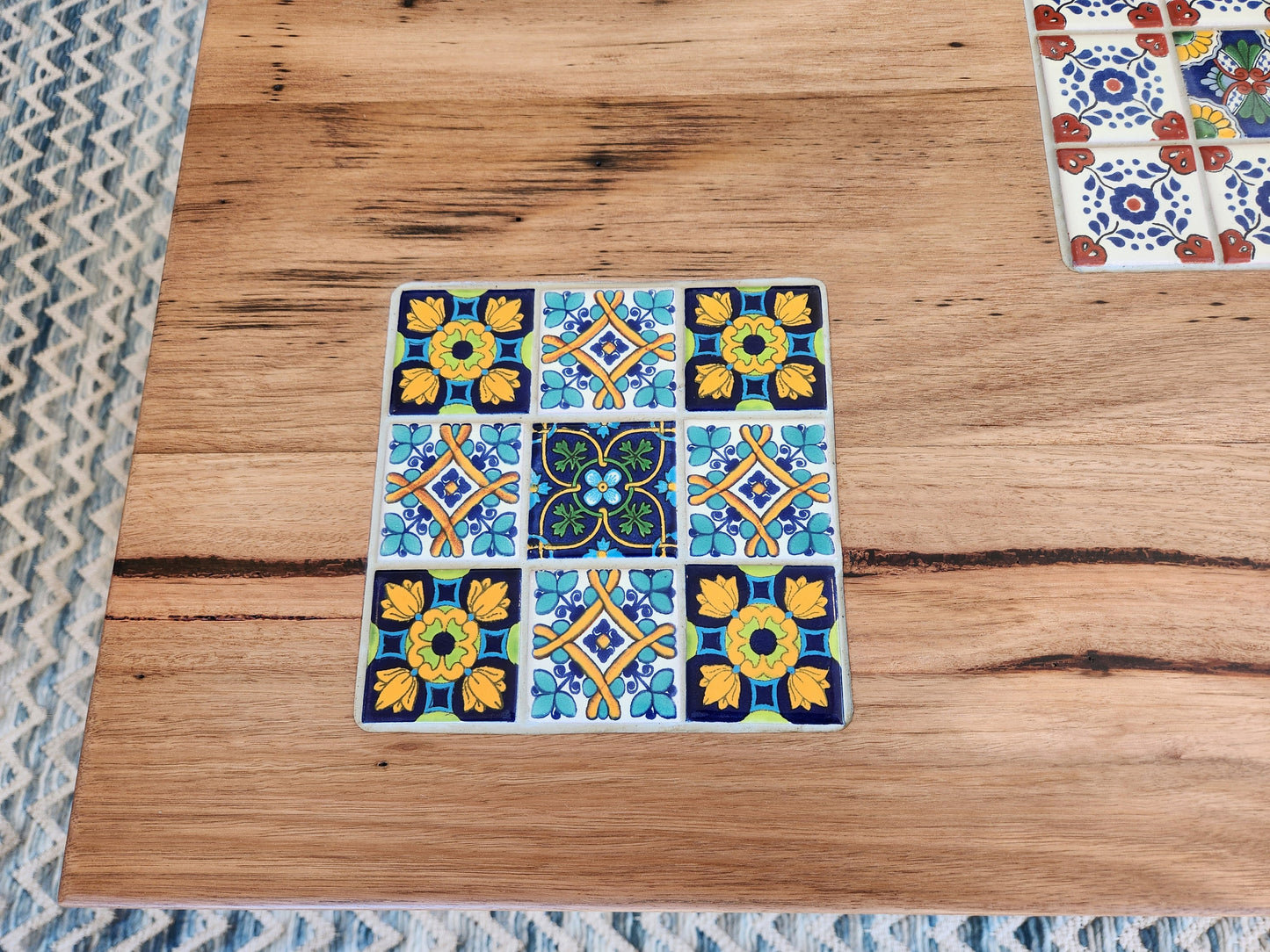 Handcrafted Recycled Hardwood Coffee Table with Inset Tiles