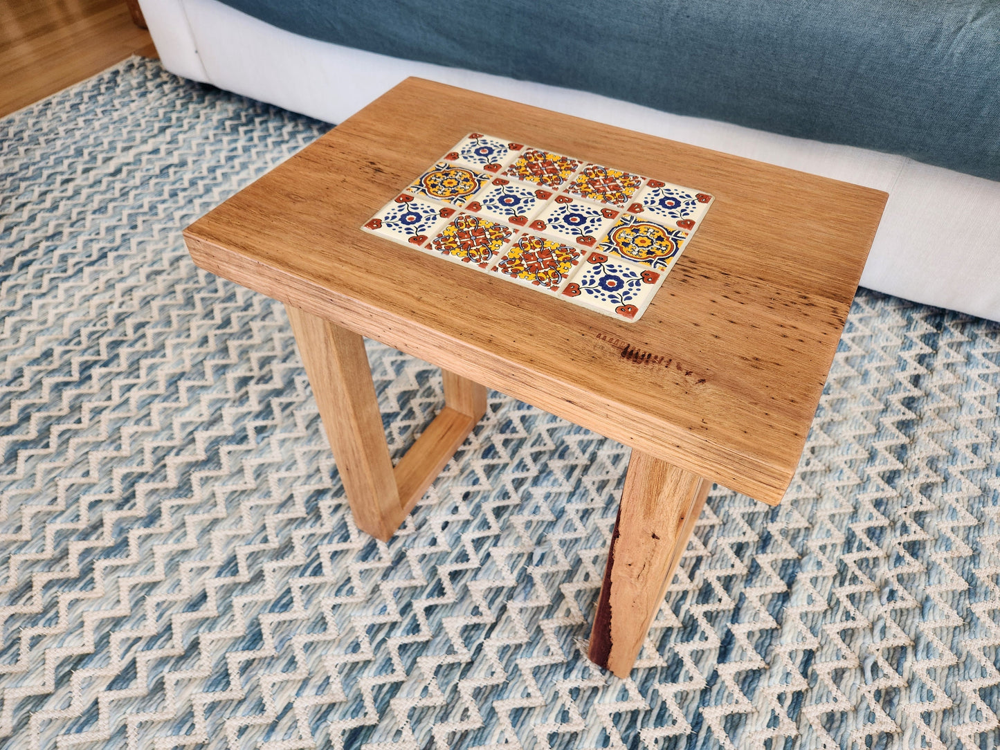 Handcrafted Recycled Hardwood Side Table with Inset Tiles