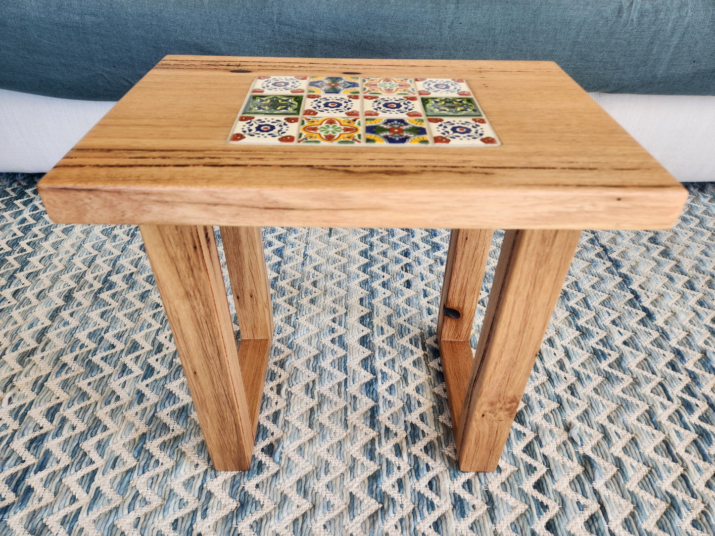 Handcrafted Recycled Hardwood Side Table with Inset Tiles