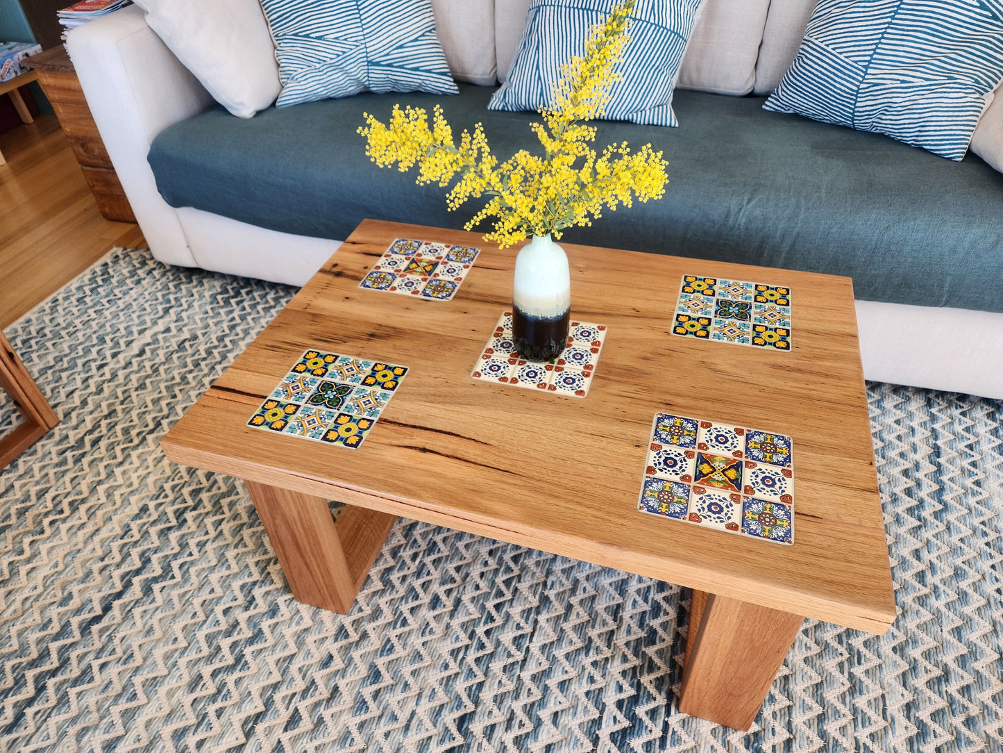 Handcrafted Recycled Hardwood Coffee Table with Inset Tiles