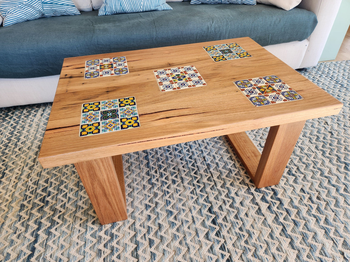 Handcrafted Recycled Hardwood Coffee Table with Inset Tiles