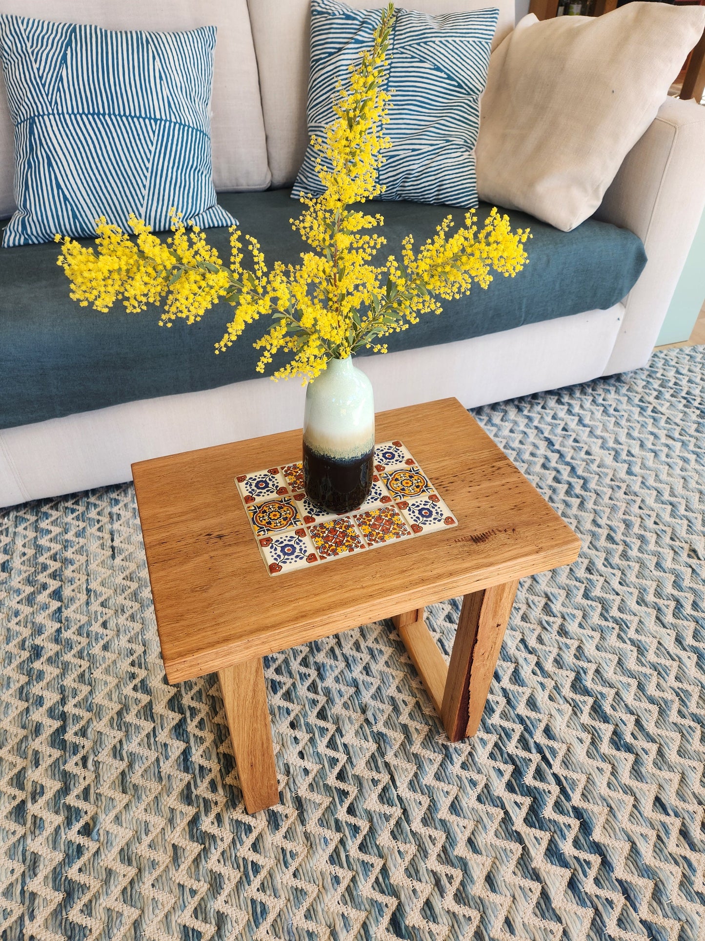 Handcrafted Recycled Hardwood Side Table with Inset Tiles