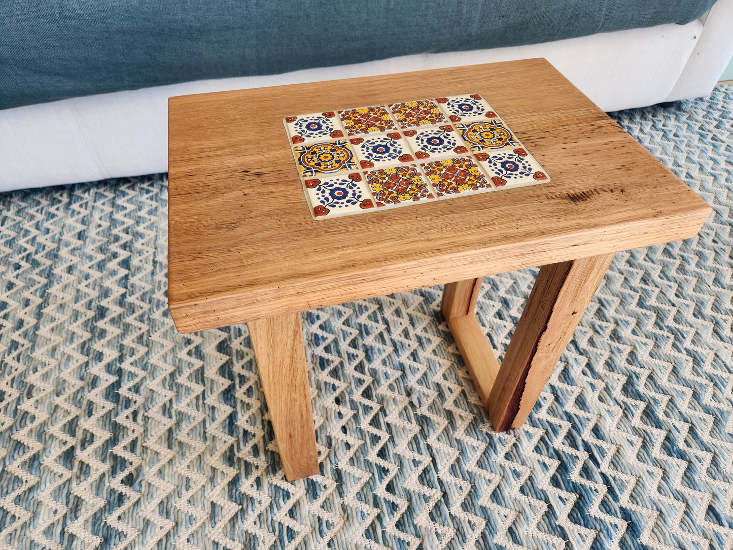 Handcrafted Recycled Hardwood Side Table with Inset Tiles