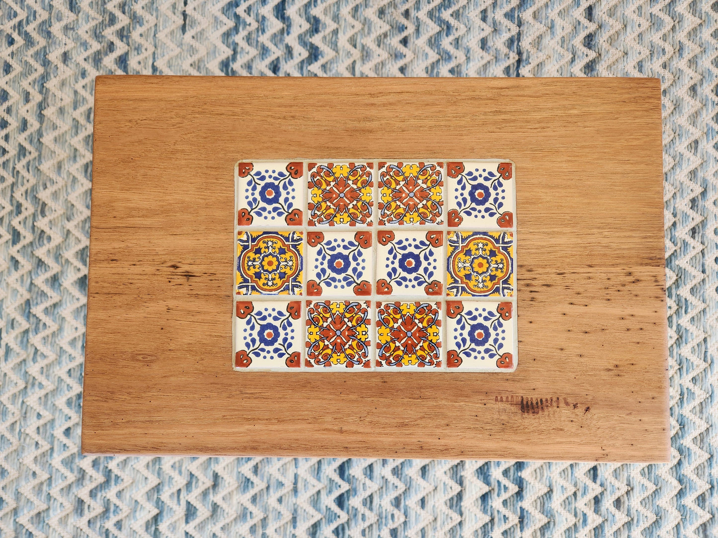Handcrafted Recycled Hardwood Side Table with Inset Tiles