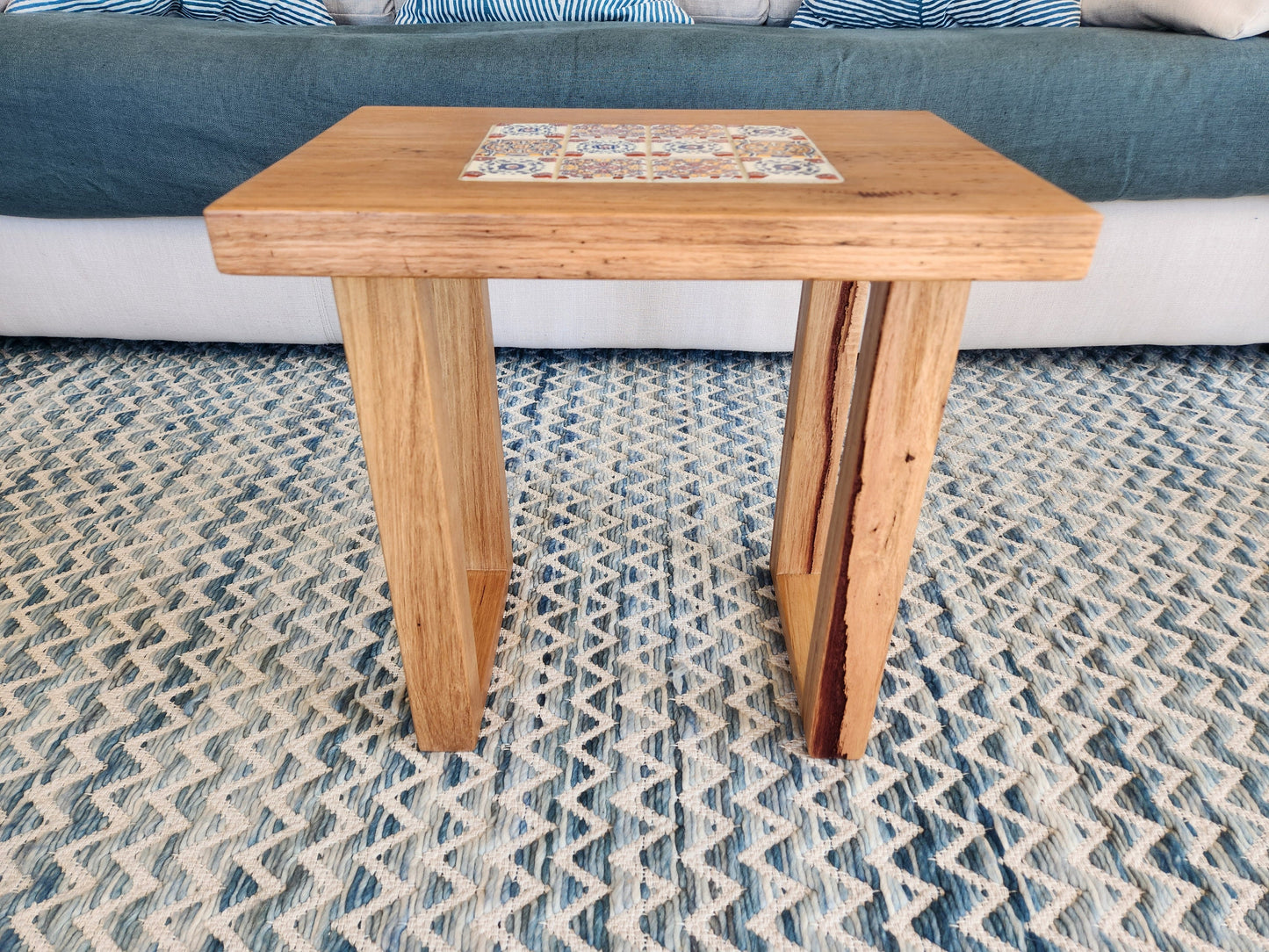 Handcrafted Recycled Hardwood Side Table with Inset Tiles