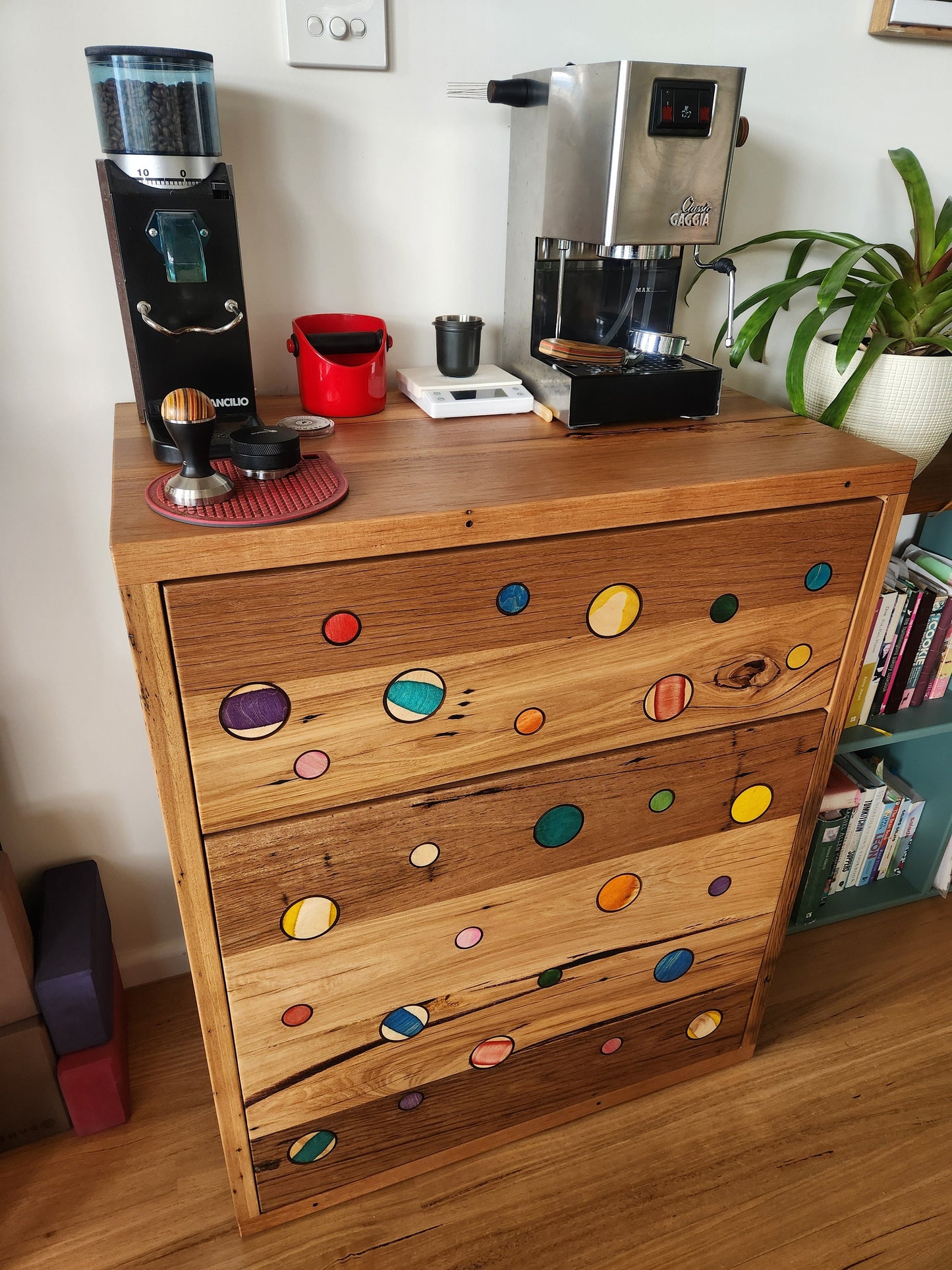 Handcrafted Recycled Hardwood Sideboard featuring Colourful Skateboard Inlays