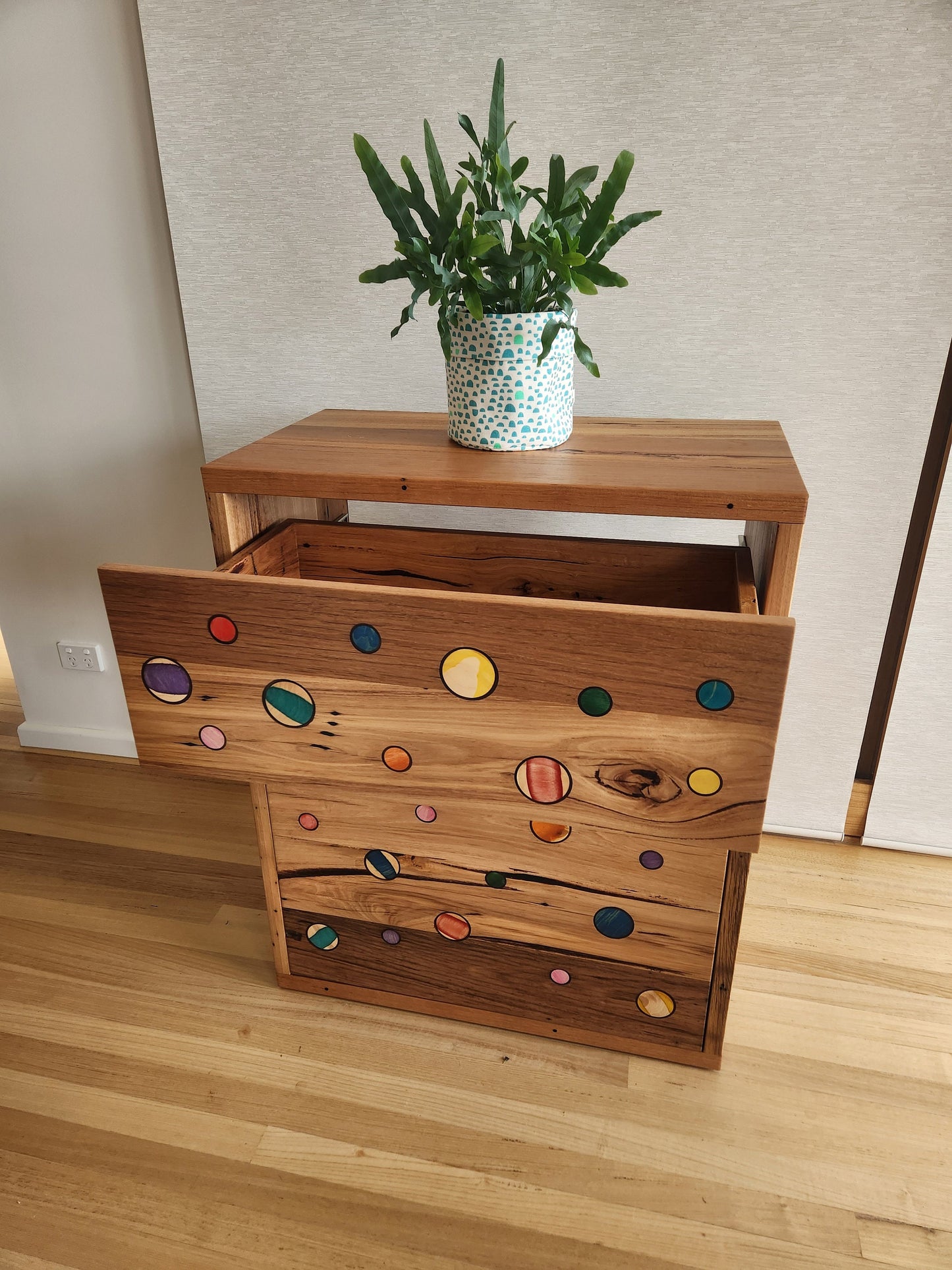 Handcrafted Recycled Hardwood Sideboard featuring Colourful Skateboard Inlays