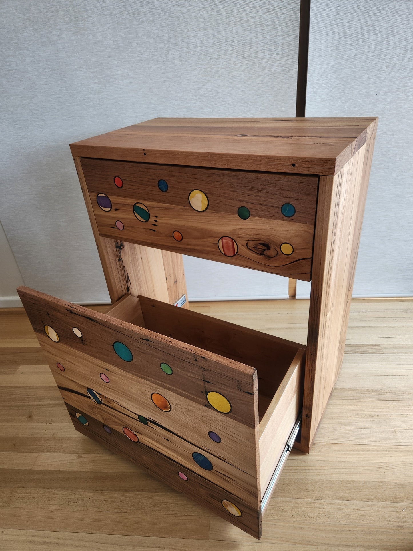 Handcrafted Recycled Hardwood Sideboard featuring Colourful Skateboard Inlays