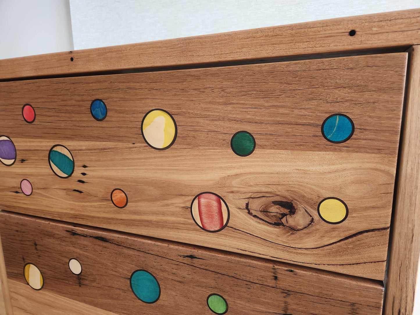 Handcrafted Recycled Hardwood Sideboard featuring Colourful Skateboard Inlays