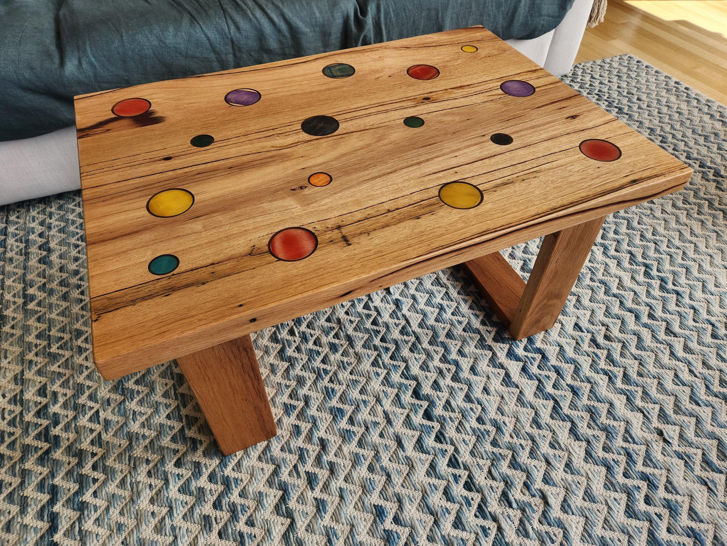 Handcrafted Recycled Hardwood Coffee Table with Coloured Skateboard Inlays