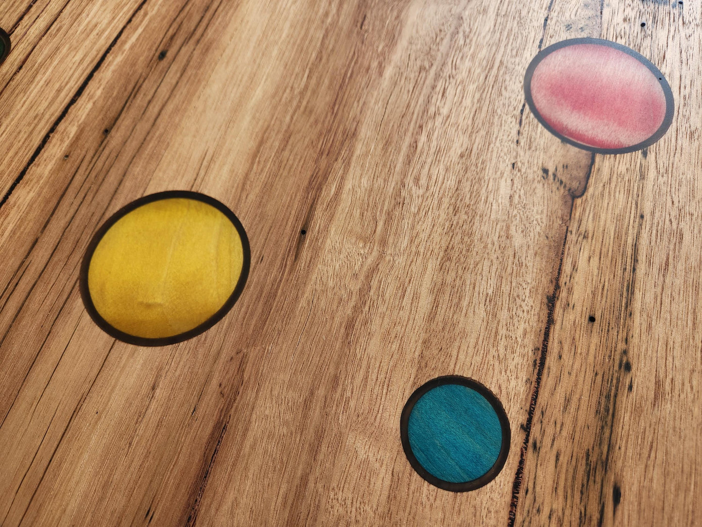 Handcrafted Recycled Hardwood Coffee Table with Coloured Skateboard Inlays
