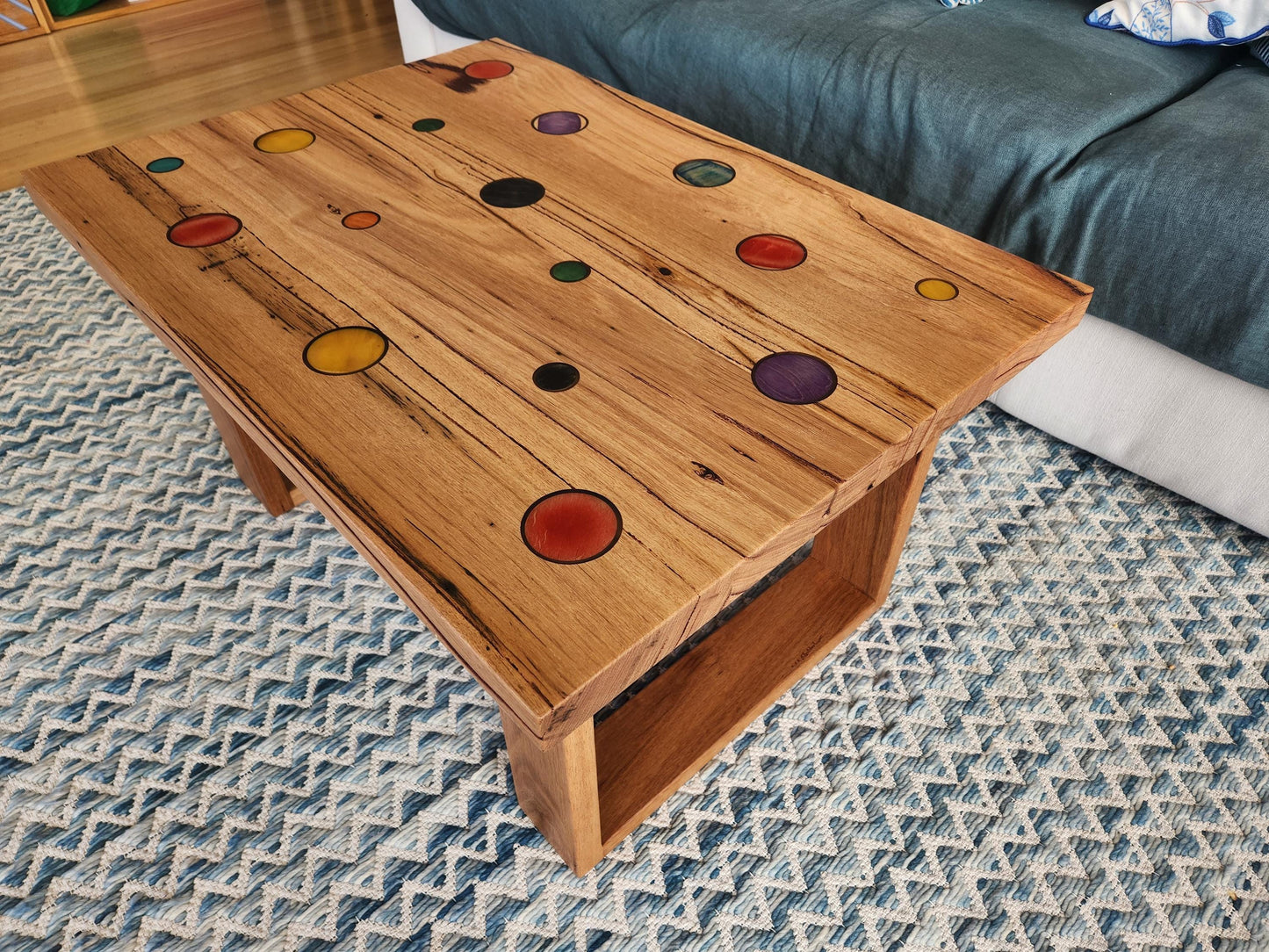 Handcrafted Recycled Hardwood Coffee Table with Coloured Skateboard Inlays
