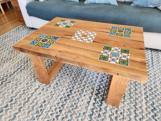 Handcrafted Recycled Hardwood Coffee Table with Inset Tiles