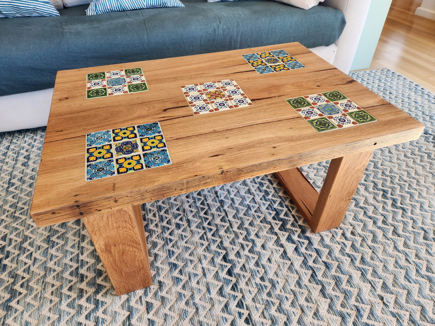 Handcrafted Recycled Hardwood Coffee Table with Inset Tiles