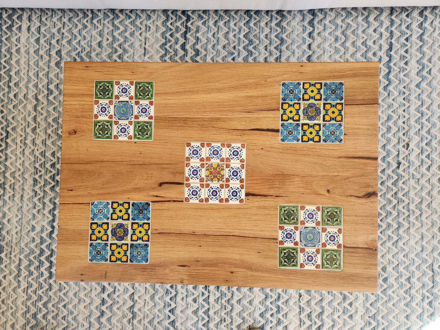 Handcrafted Recycled Hardwood Coffee Table with Inset Tiles