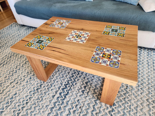 Handcrafted Recycled Hardwood Coffee Table with Inset Tiles