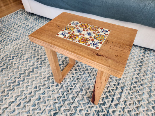 Handcrafted Recycled Hardwood Side Table with Inset Tiles