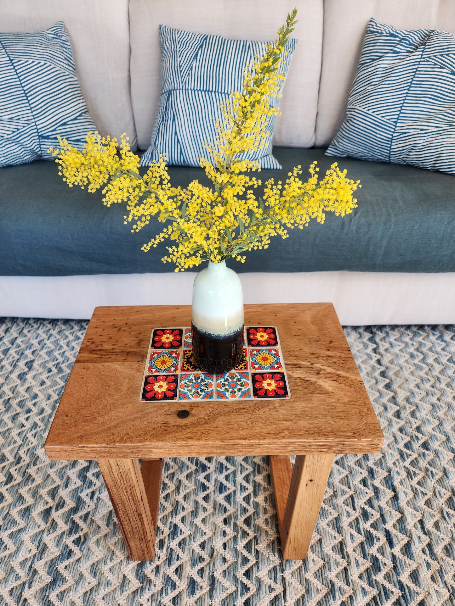 Handcrafted Recycled Hardwood Side Table with Inset Tiles