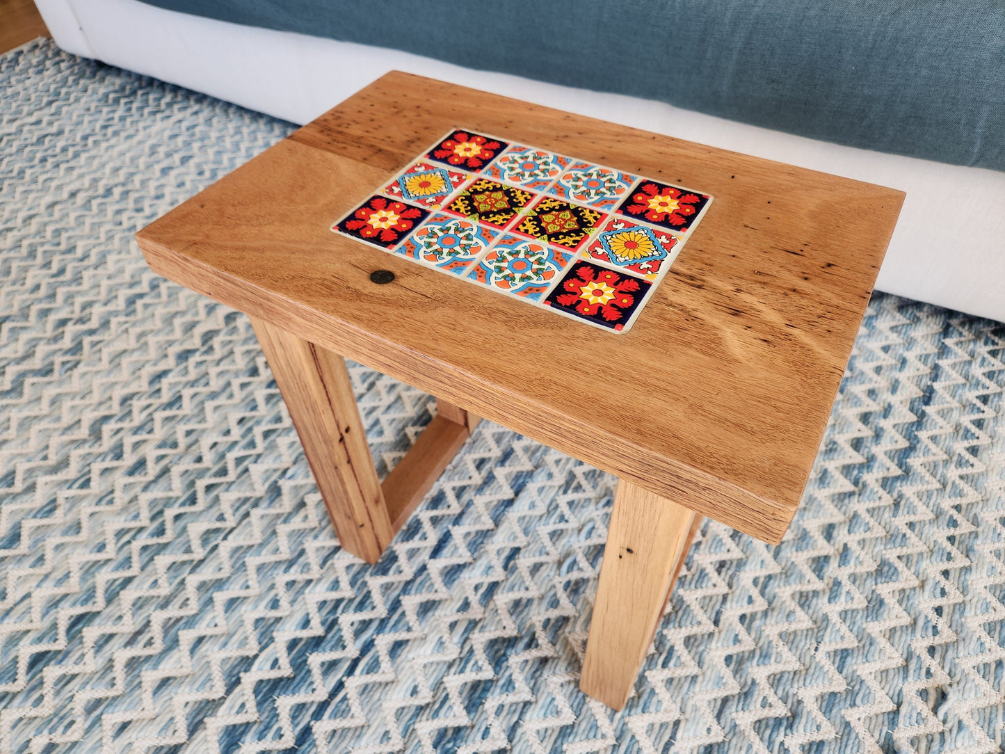 Handcrafted Recycled Hardwood Side Table with Inset Tiles