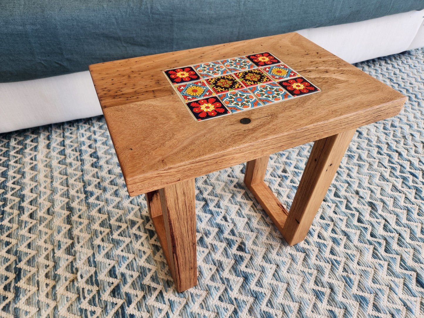 Handcrafted Recycled Hardwood Side Table with Inset Tiles