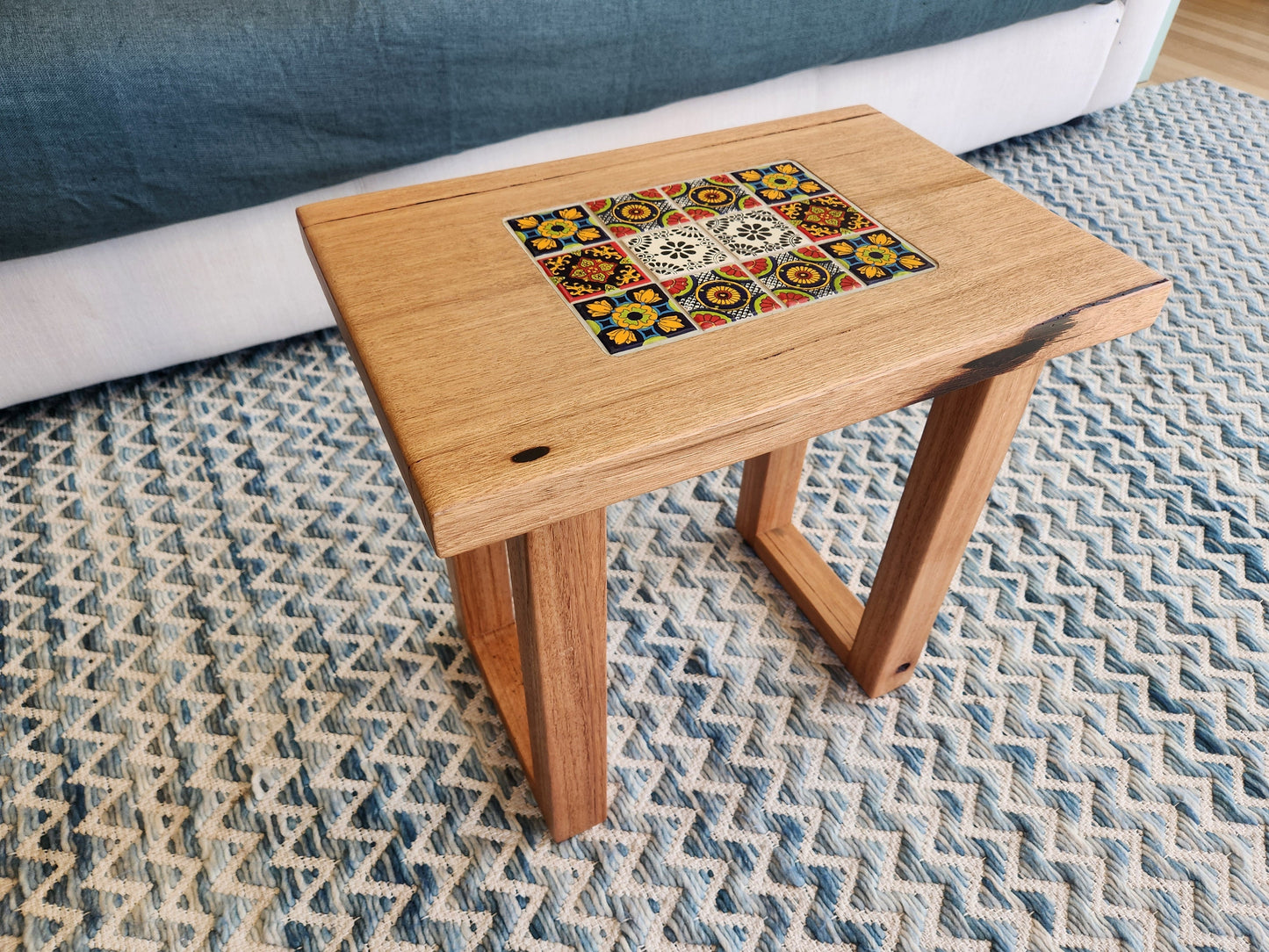 Handcrafted Recycled Hardwood Side Table with Inset Tiles