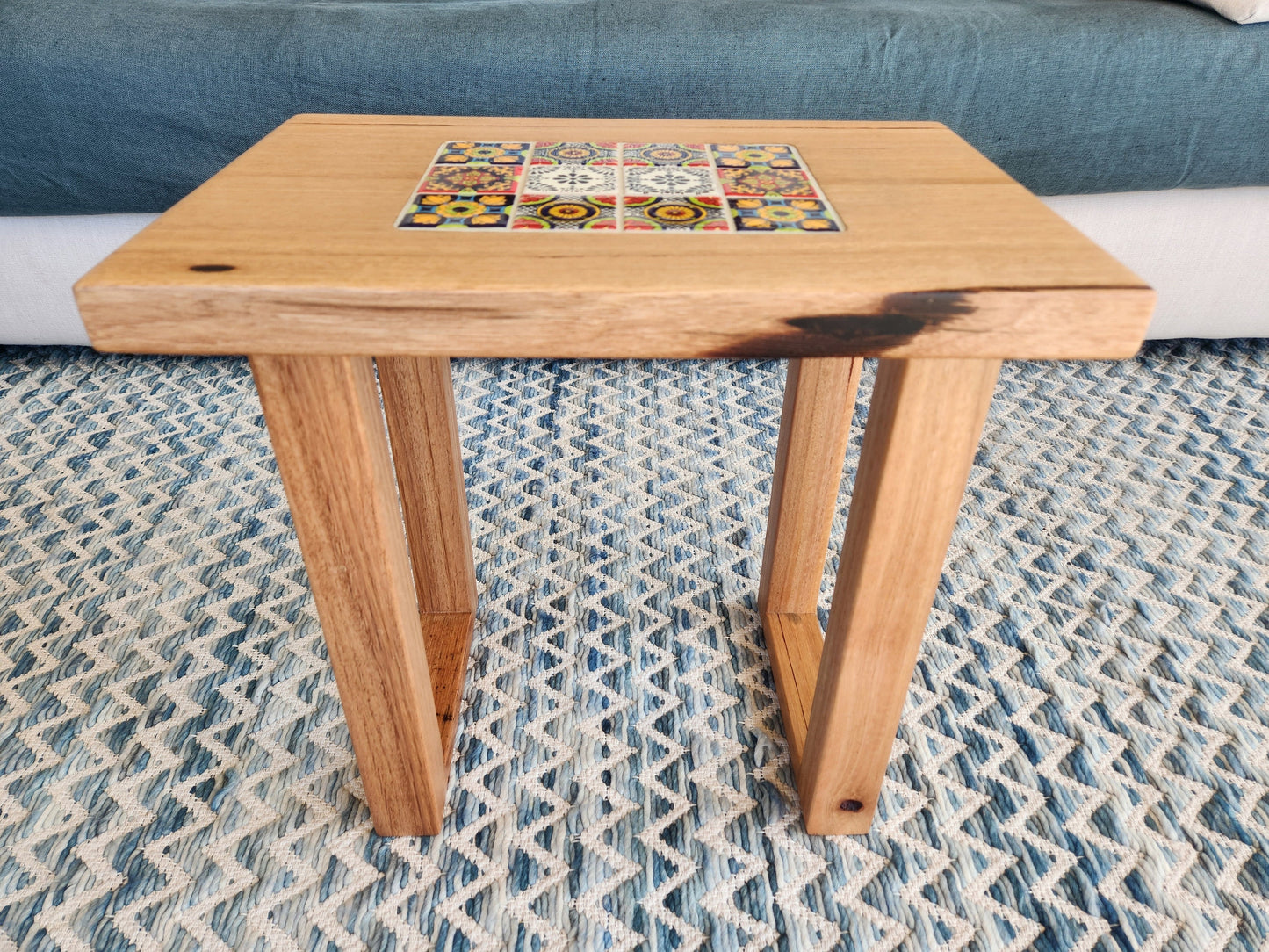 Handcrafted Recycled Hardwood Side Table with Inset Tiles