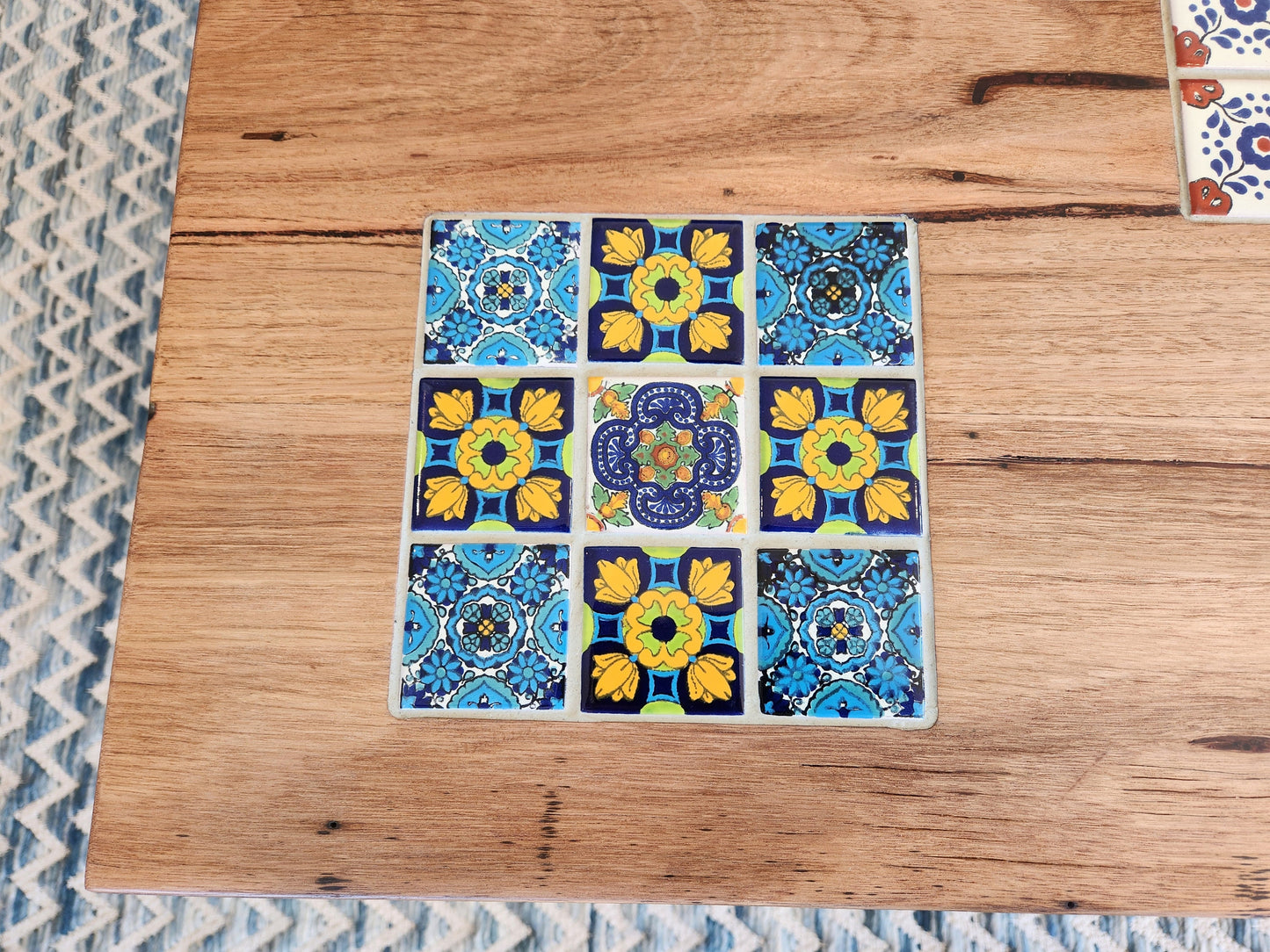 Handcrafted Recycled Hardwood Coffee Table with Inset Tiles