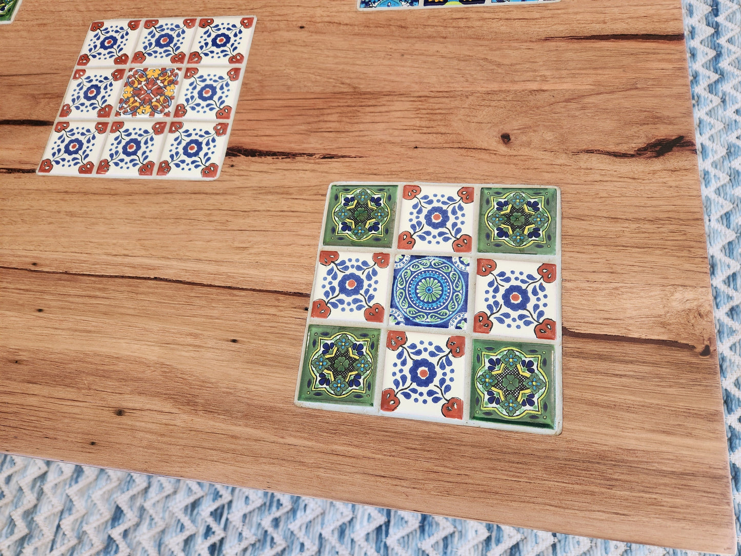 Handcrafted Recycled Hardwood Coffee Table with Inset Tiles