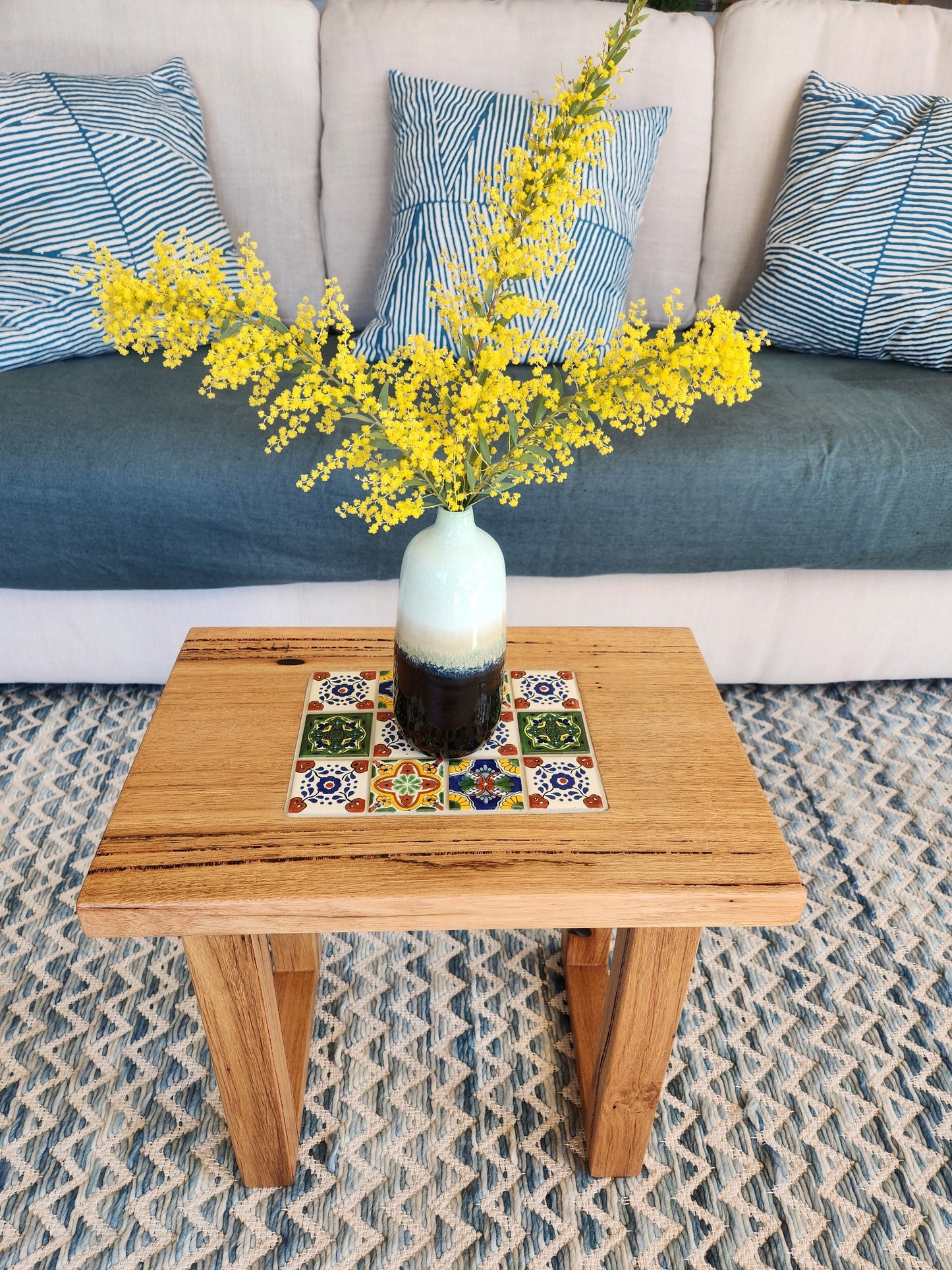 Handcrafted Recycled Hardwood Side Table with Inset Tiles