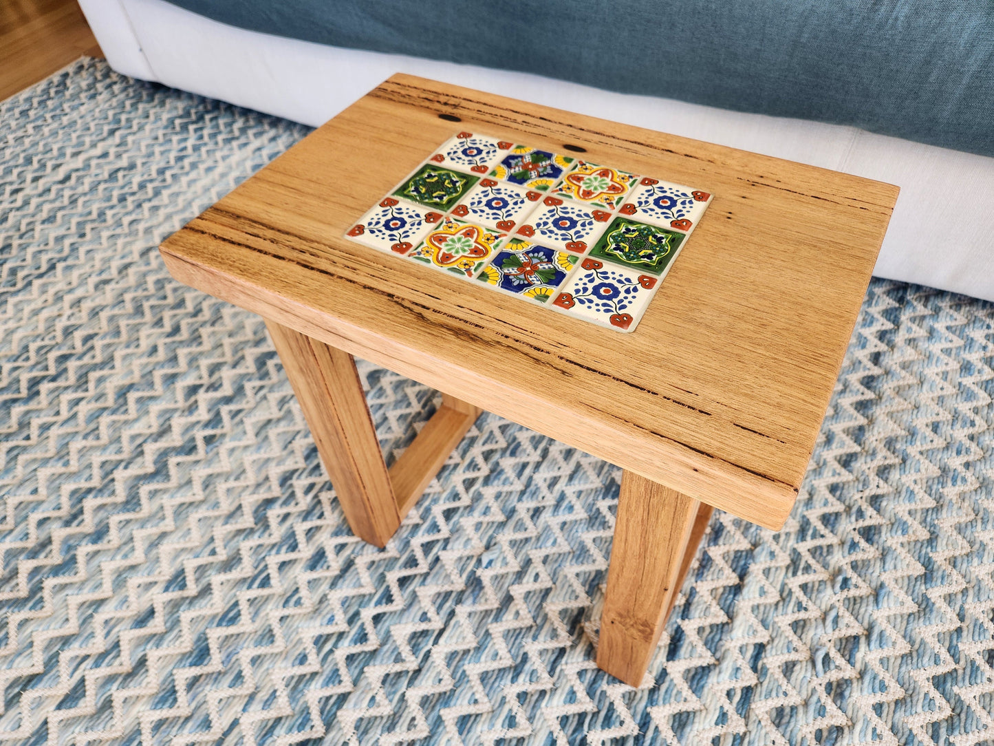 Handcrafted Recycled Hardwood Side Table with Inset Tiles