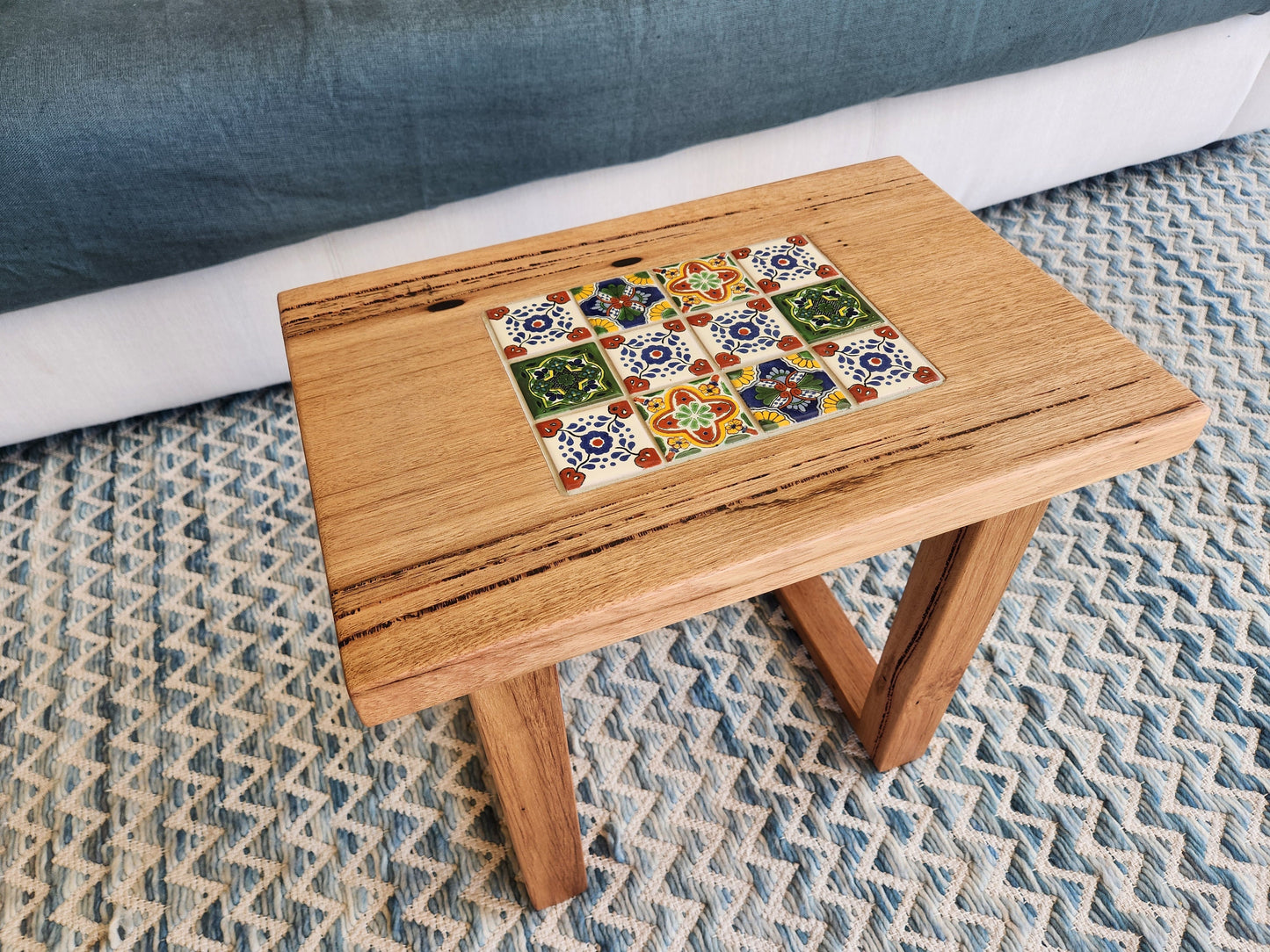 Handcrafted Recycled Hardwood Side Table with Inset Tiles