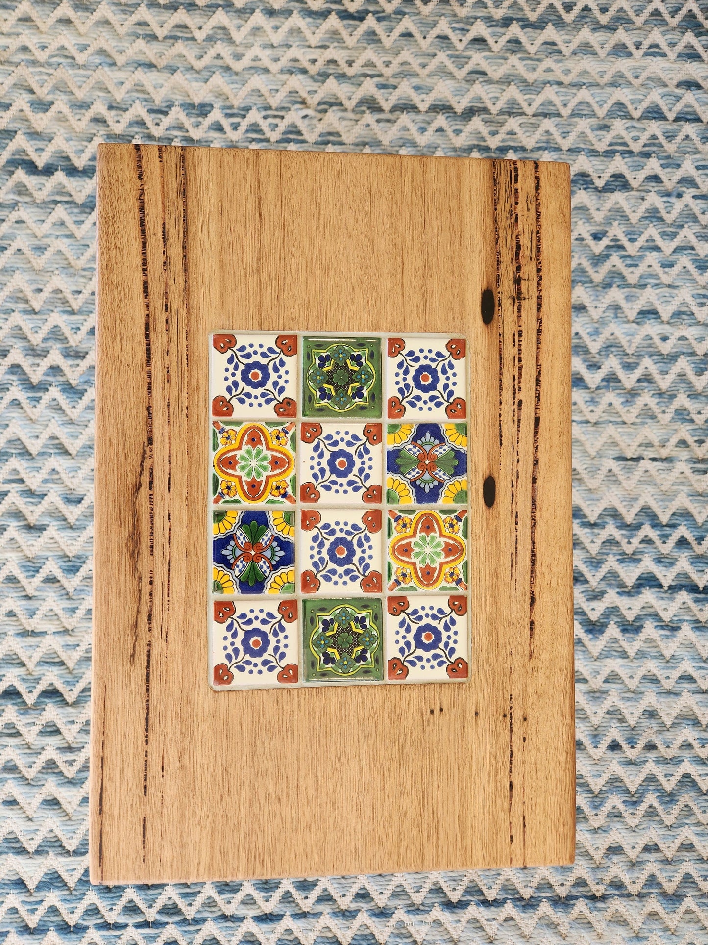 Handcrafted Recycled Hardwood Side Table with Inset Tiles