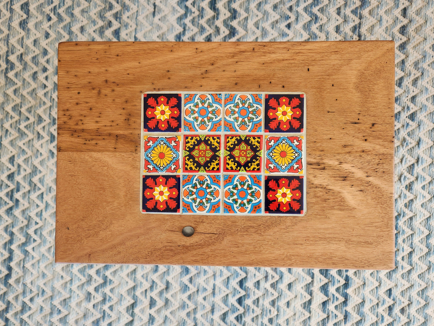 Handcrafted Recycled Hardwood Side Table with Inset Tiles