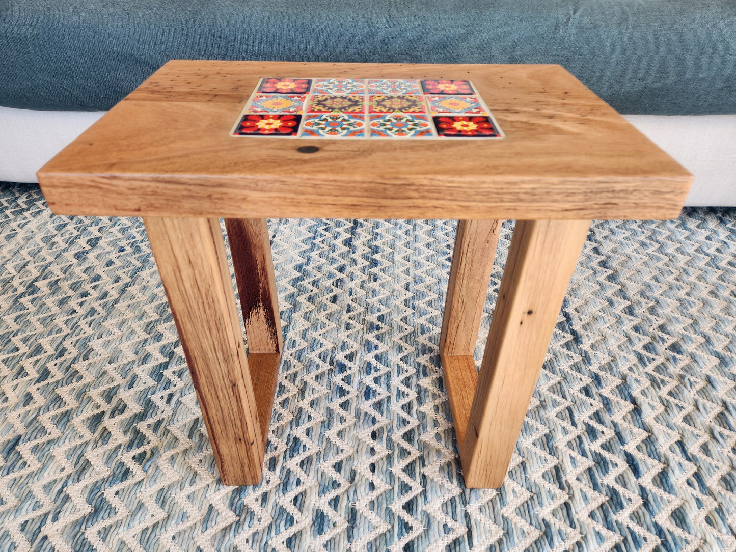 Handcrafted Recycled Hardwood Side Table with Inset Tiles