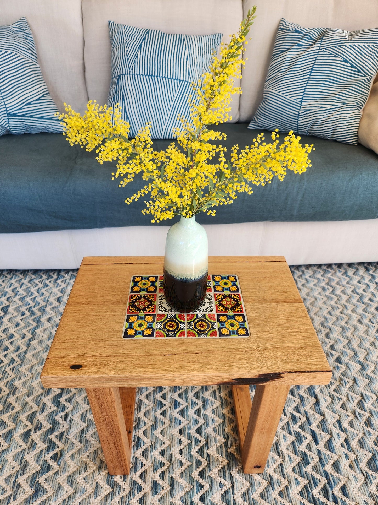 Handcrafted Recycled Hardwood Side Table with Inset Tiles