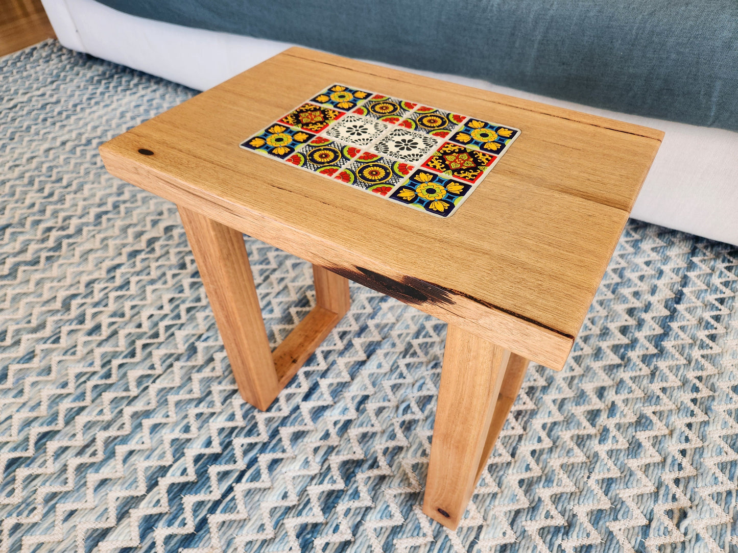 Handcrafted Recycled Hardwood Side Table with Inset Tiles