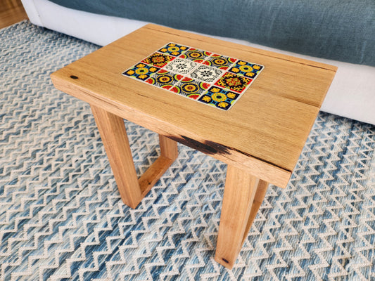 Handcrafted Recycled Hardwood Side Table with Inset Tiles