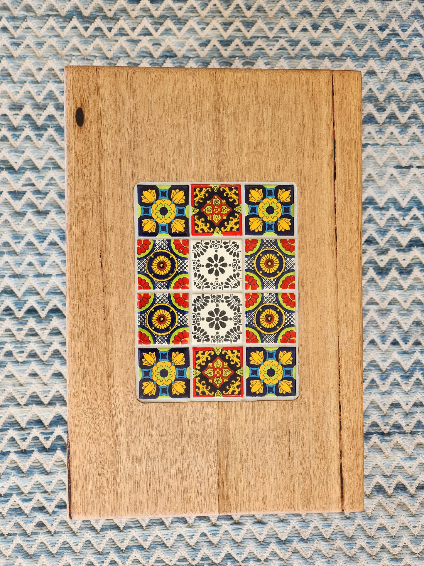 Handcrafted Recycled Hardwood Side Table with Inset Tiles