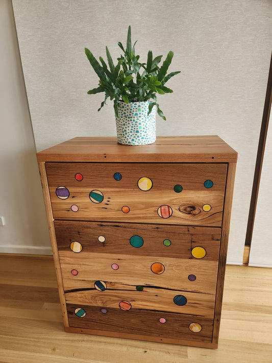 Handcrafted Recycled Hardwood Sideboard featuring Colourful Skateboard Inlays