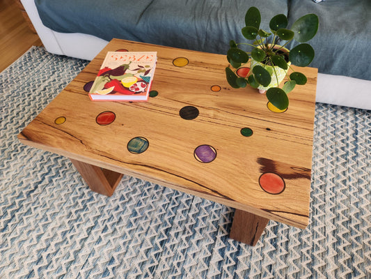 Handcrafted Recycled Hardwood Coffee Table with Coloured Skateboard Inlays