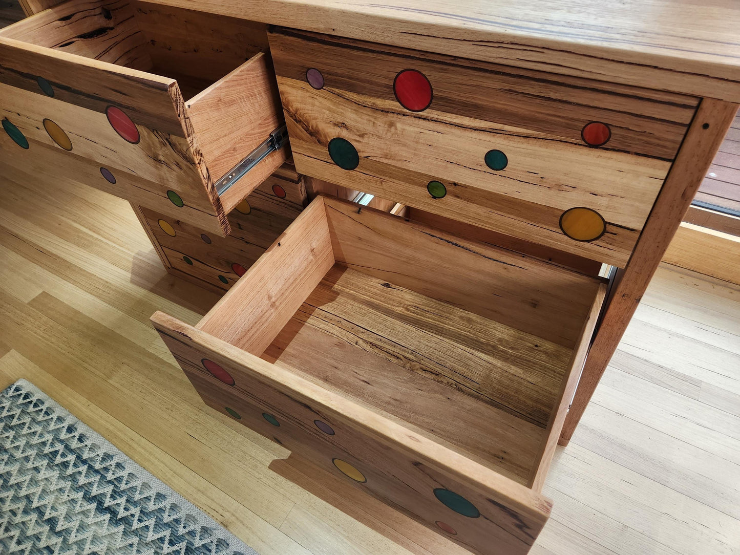 Handcrafted Recycled Hardwood Dresser featuring Colourful Skateboard Accents