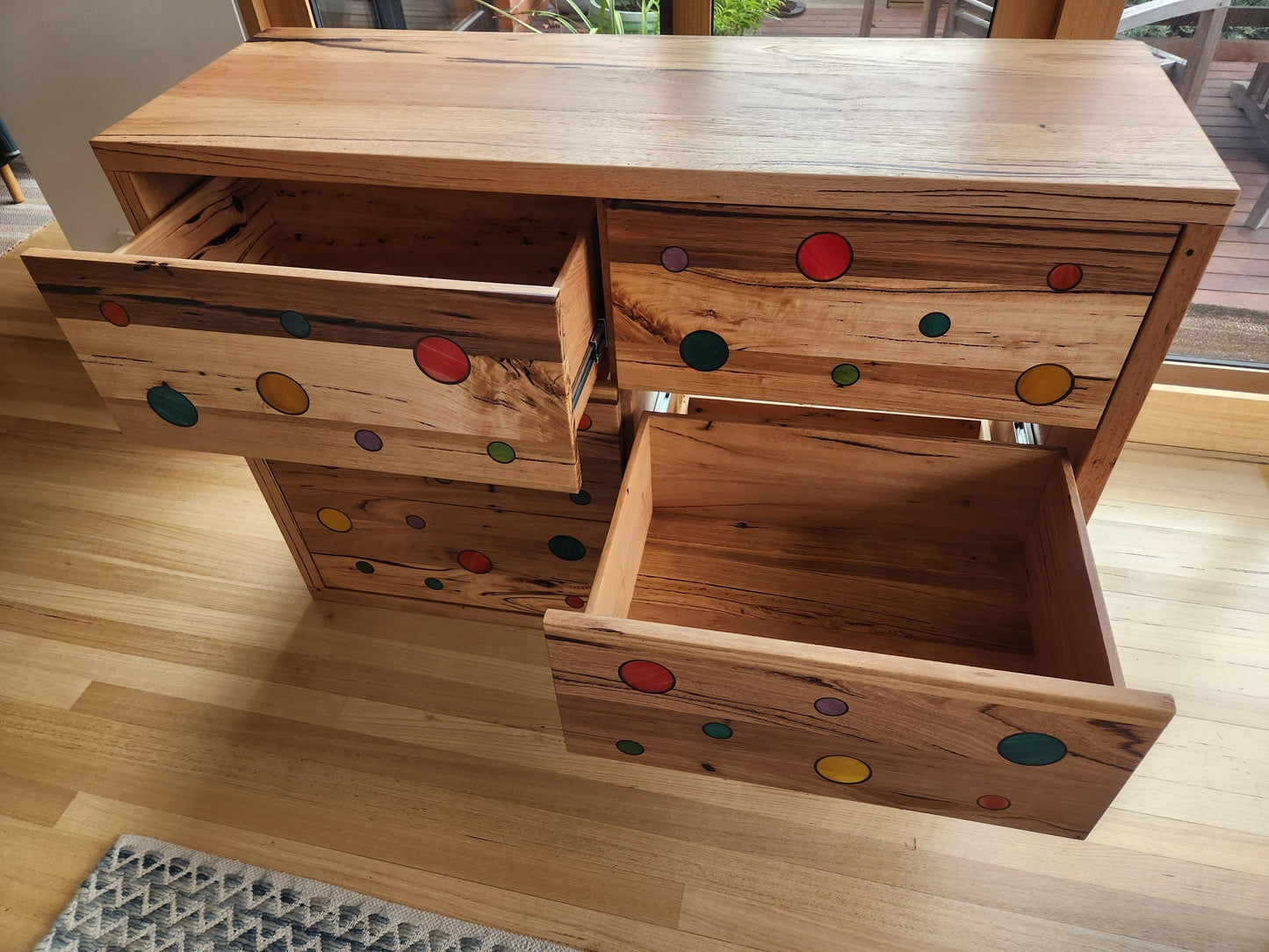 Handcrafted Recycled Hardwood Dresser featuring Colourful Skateboard Accents