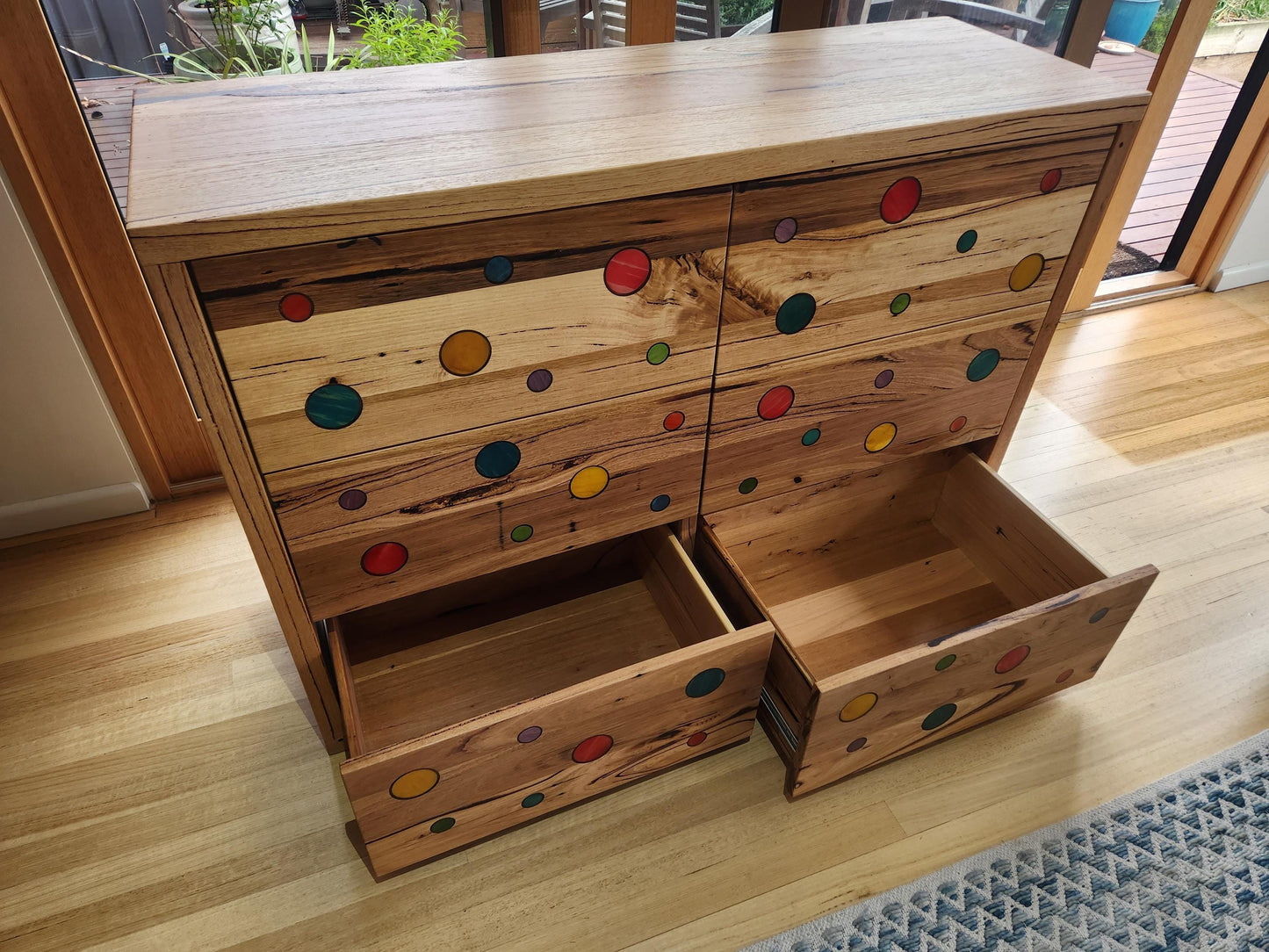 Handcrafted Recycled Hardwood Dresser featuring Colourful Skateboard Accents