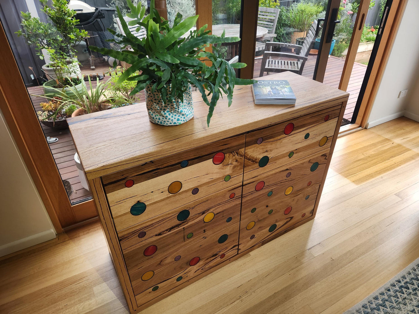 Handcrafted Recycled Hardwood Dresser featuring Colourful Skateboard Accents