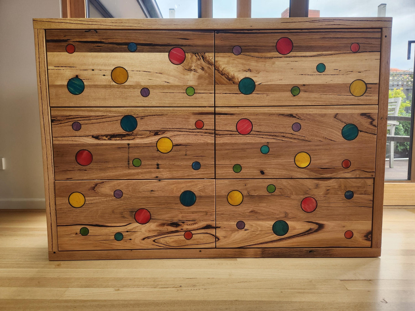 Handcrafted Recycled Hardwood Dresser featuring Colourful Skateboard Accents